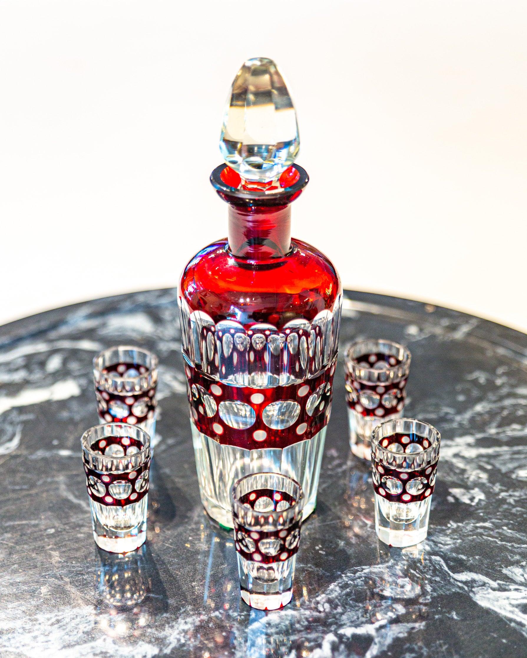 Cut to Clear Art Deco Bohemian Glass Decanter and Shot Glass Set