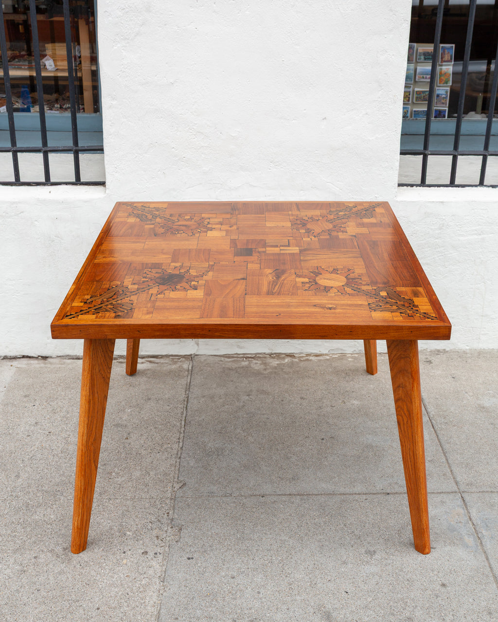 1970s Handmade Inlaid / Mosaic Wood with Sunflowers Dining/ Game Table  (Signed