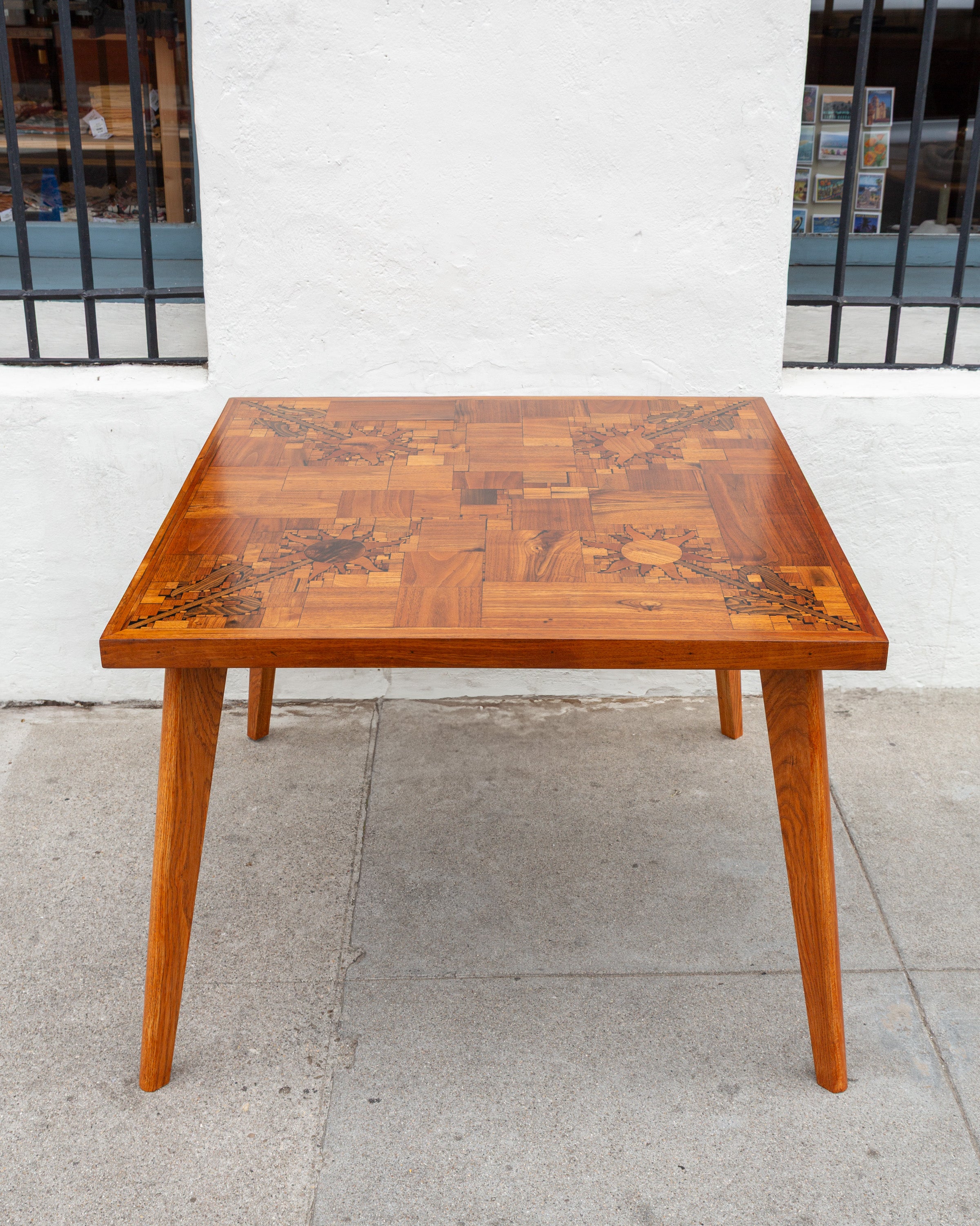 1970s Handmade Inlaid / Mosaic Wood with Sunflowers Dining/ Game Table  (Signed