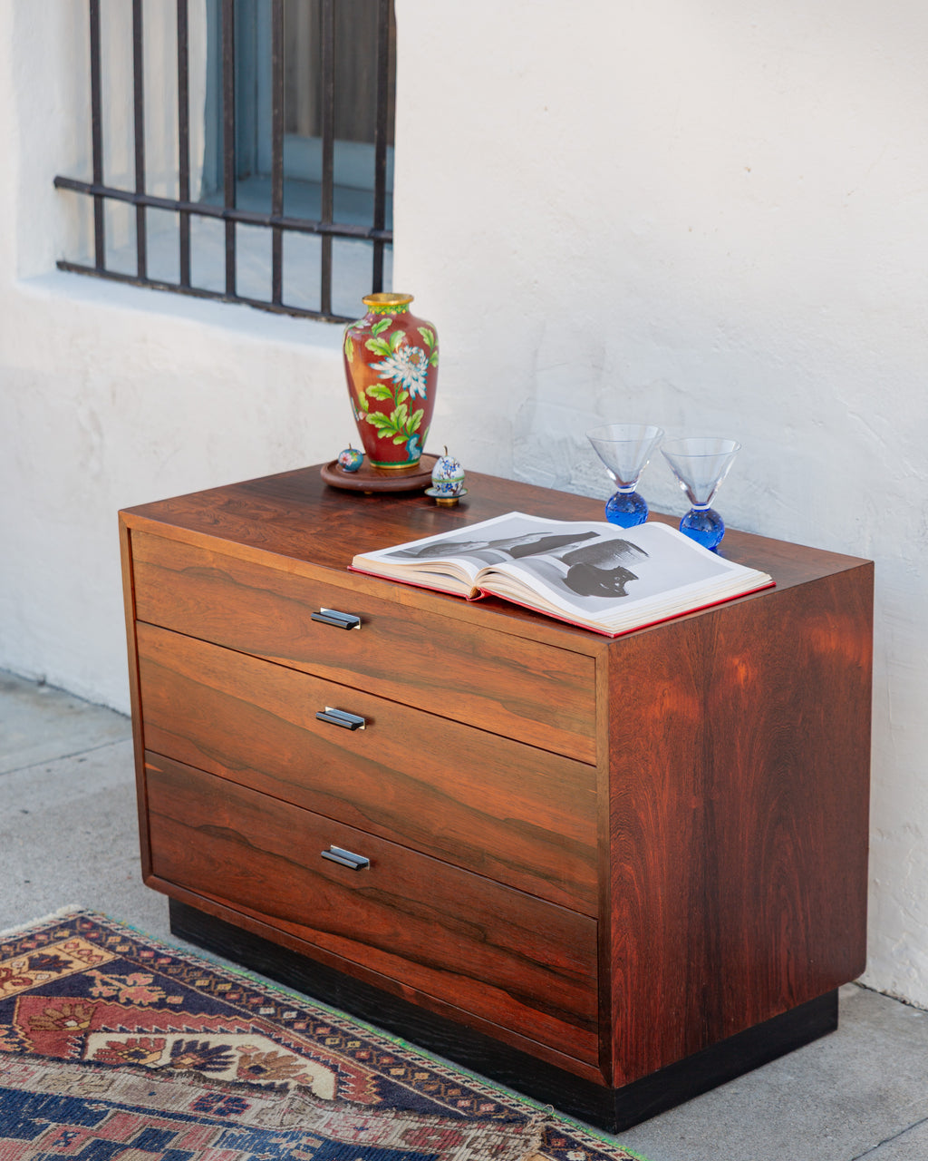 Rosewood 3 Drawer Chest Black Pulls Designed by Harvey Probler
