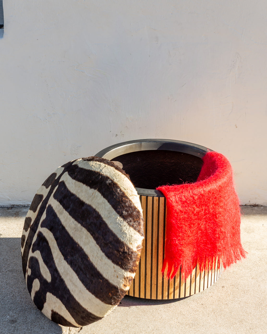 Large Fiberglass Planter with Vertical Oak Strips with Zebra Skin Upholstery