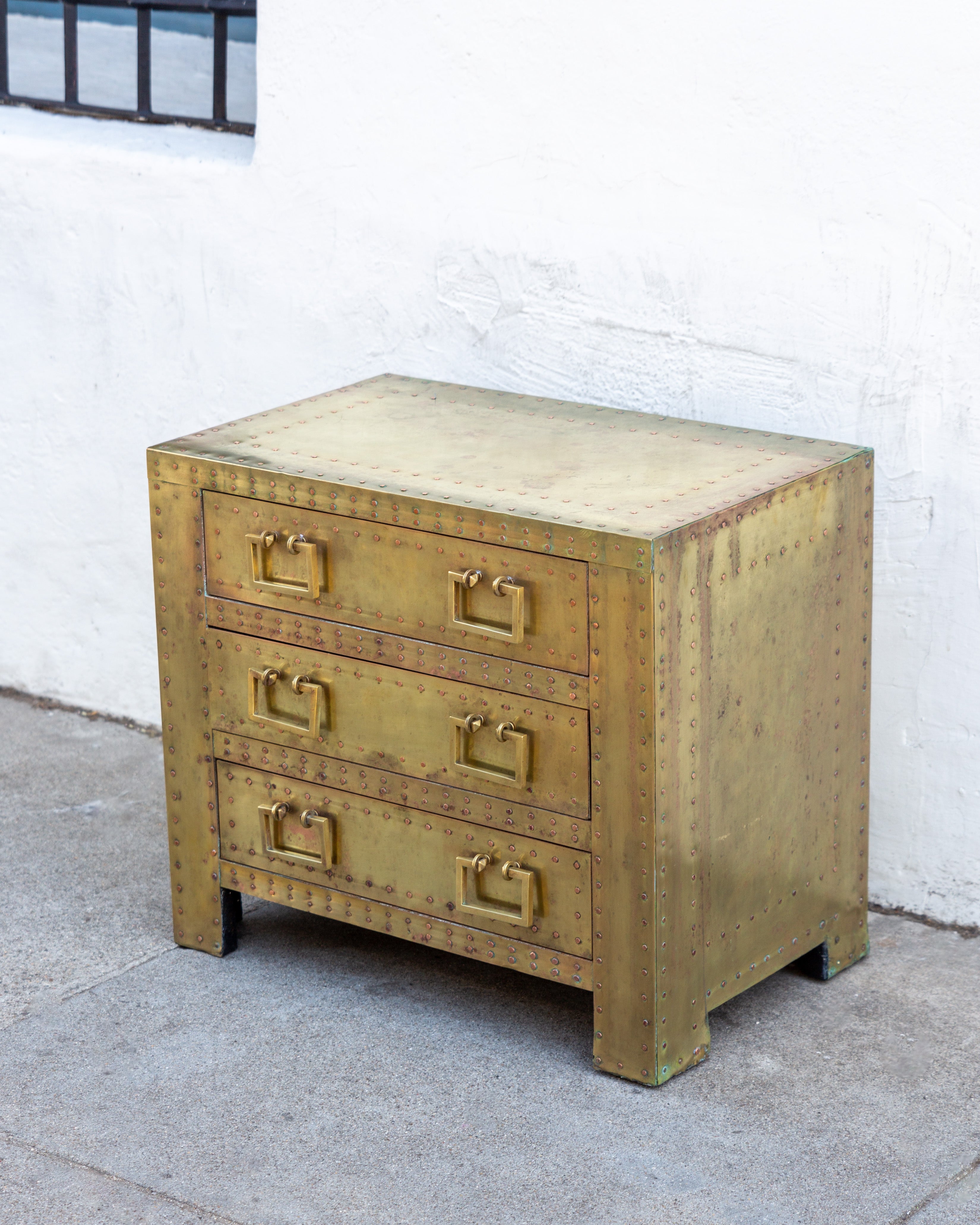 1970's Sarreid Ltd. Brass Clad 3 Drawer Chest with Natural Patina