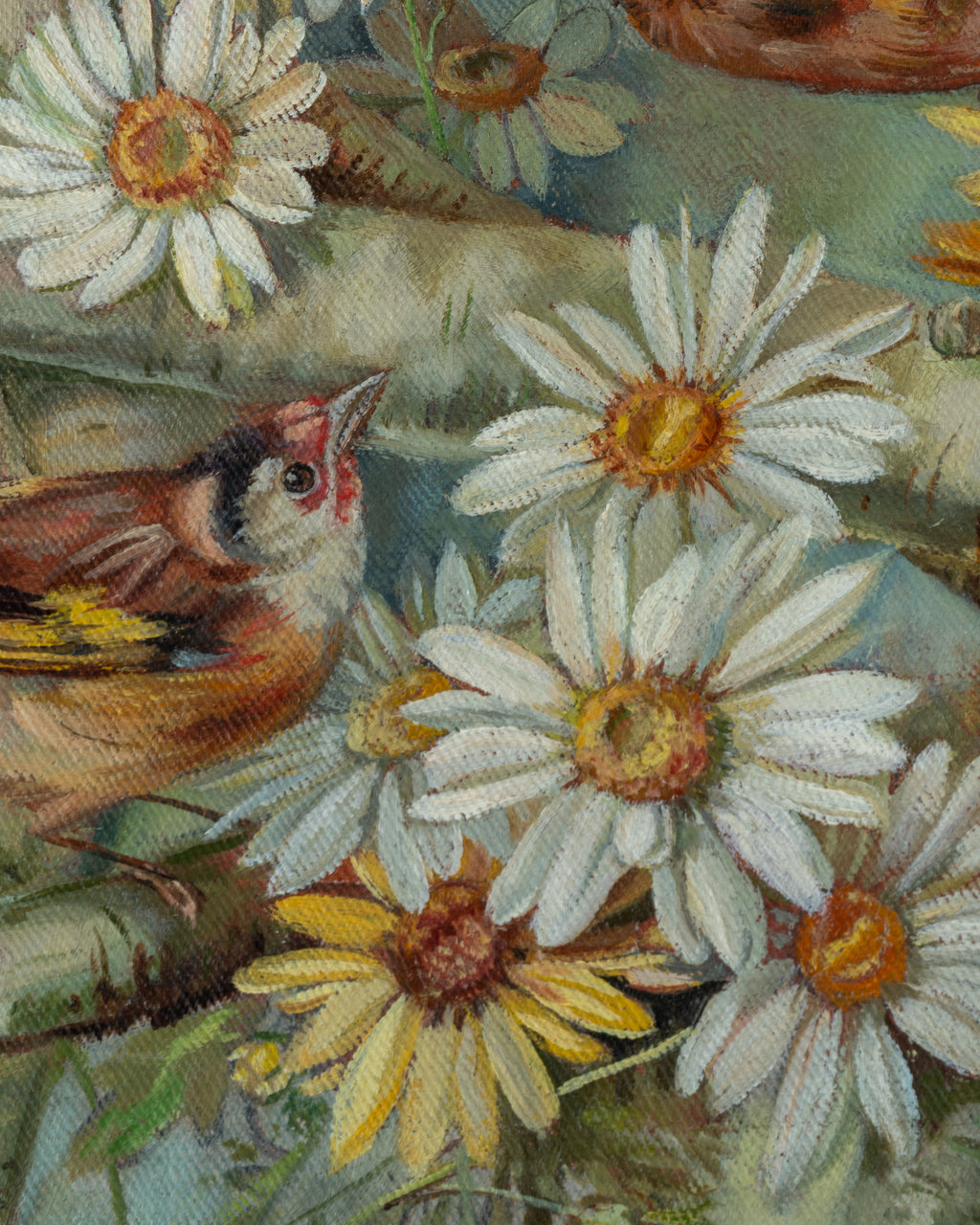 Antique 1890's-1900 Oil on Canvas Painting of Robins and Daisies