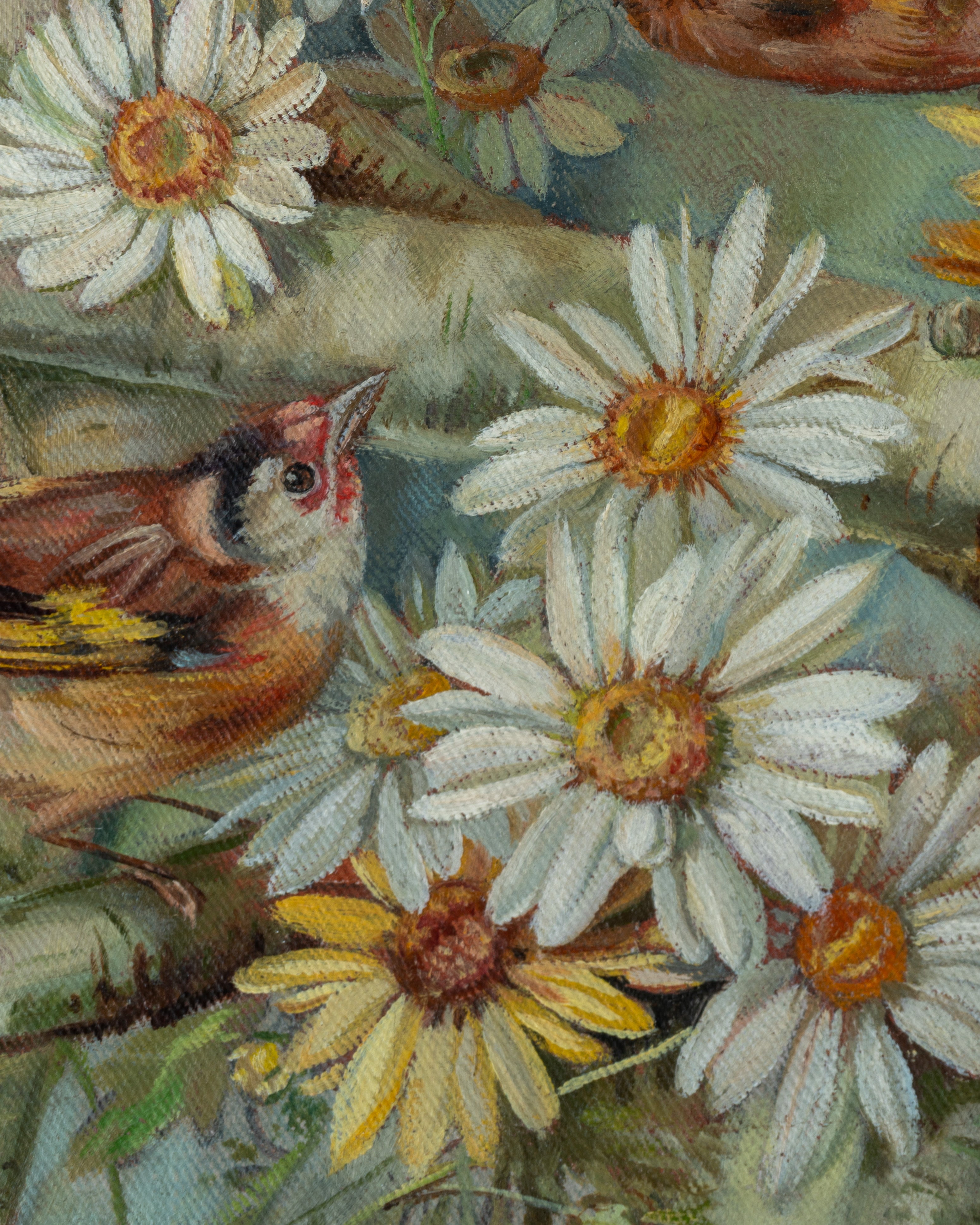 Antique 1890's-1900 Oil on Canvas Painting of Robins and Daisies