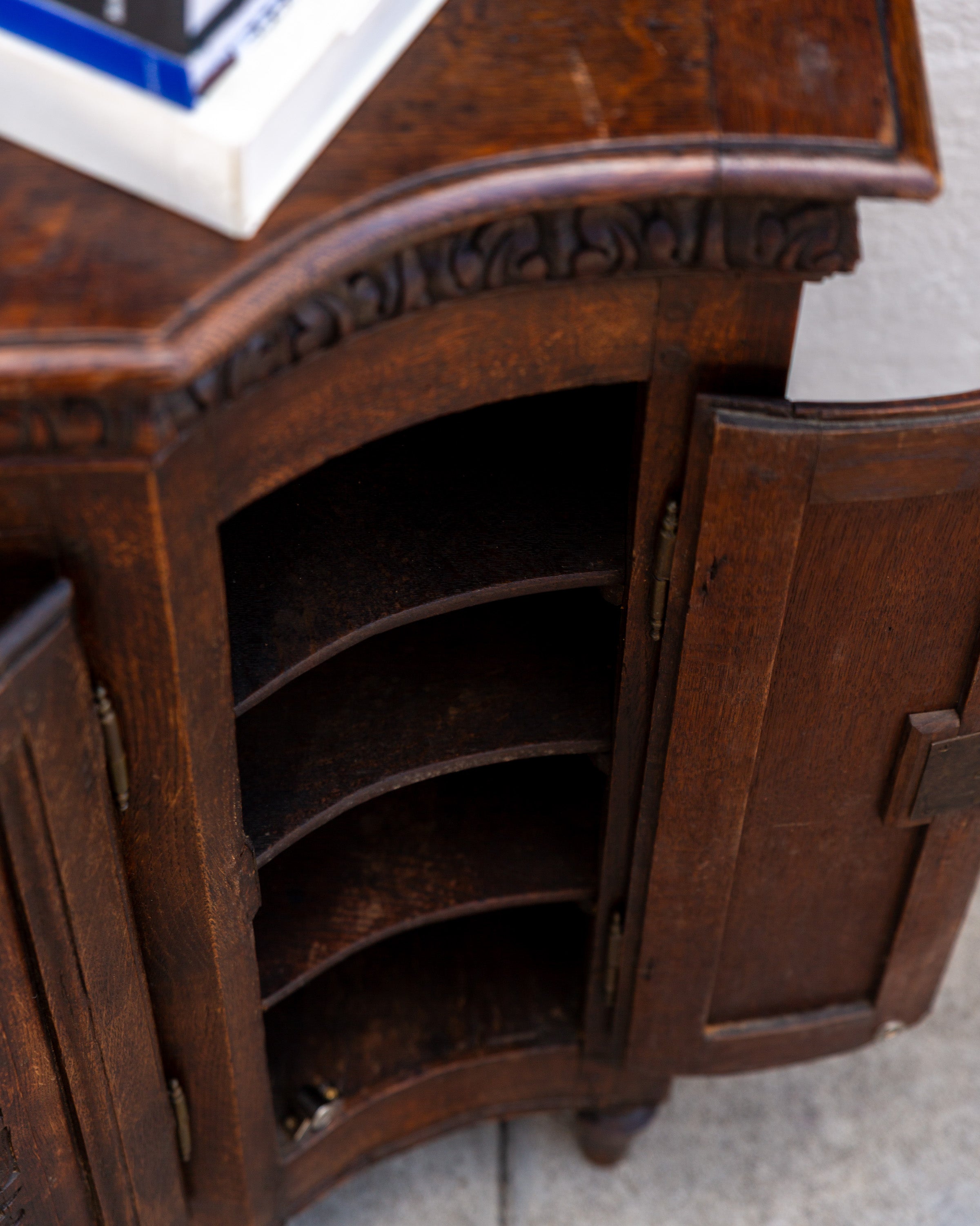 Antique Bowfront Carved Oak Credenza