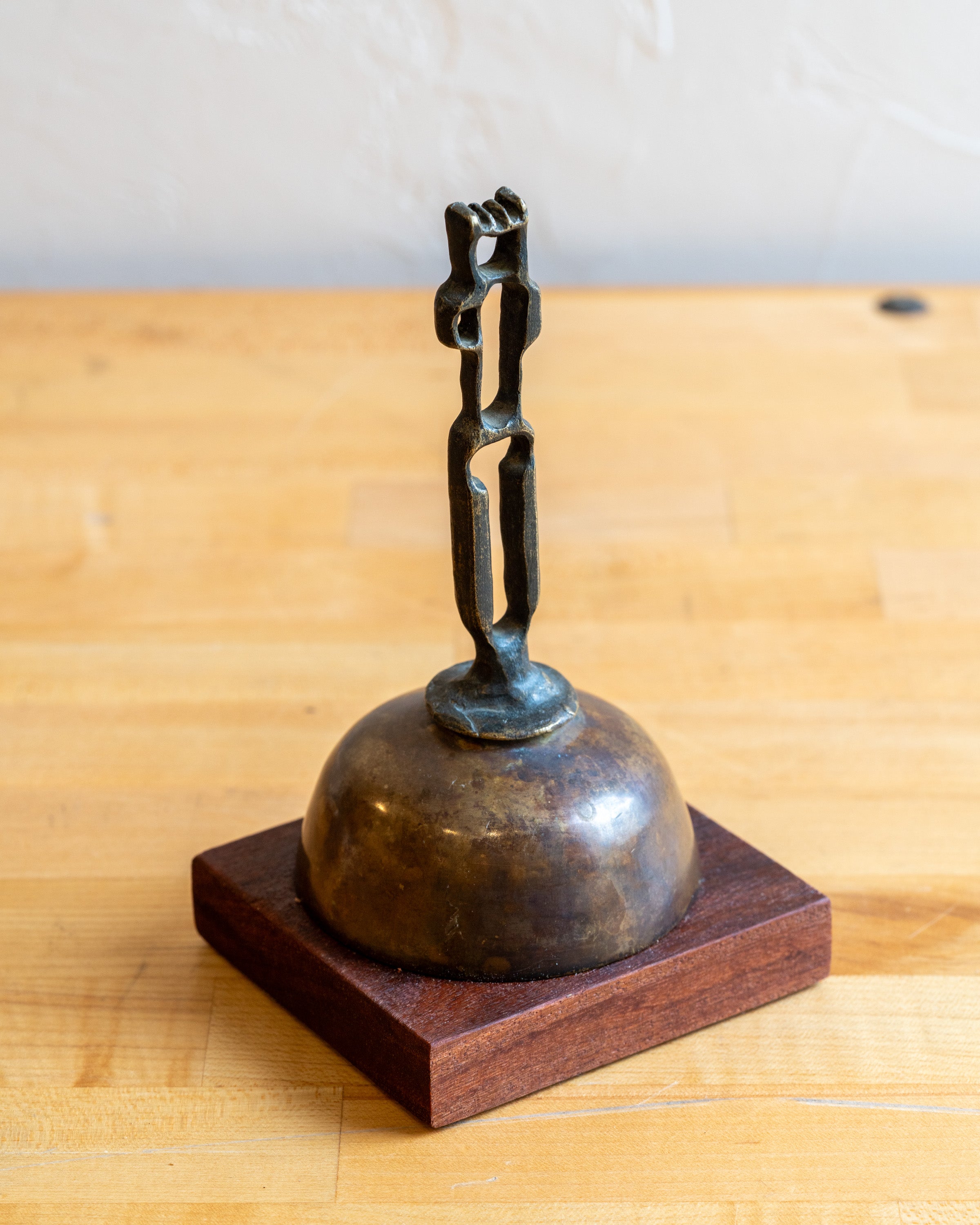 Vintage Cast Iron Brutalist Sculpture of Man on Brass and Wood Base