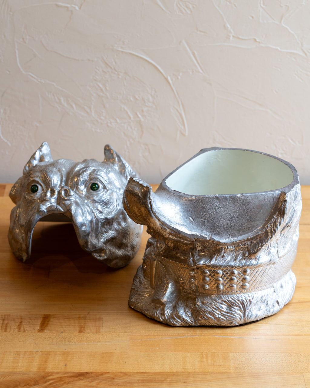 Circa 1977 Arthur Court Green Eyed Aluminum Bull Dog Lidded Container