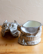 Circa 1977 Arthur Court Green Eyed Aluminum Bull Dog Lidded Container