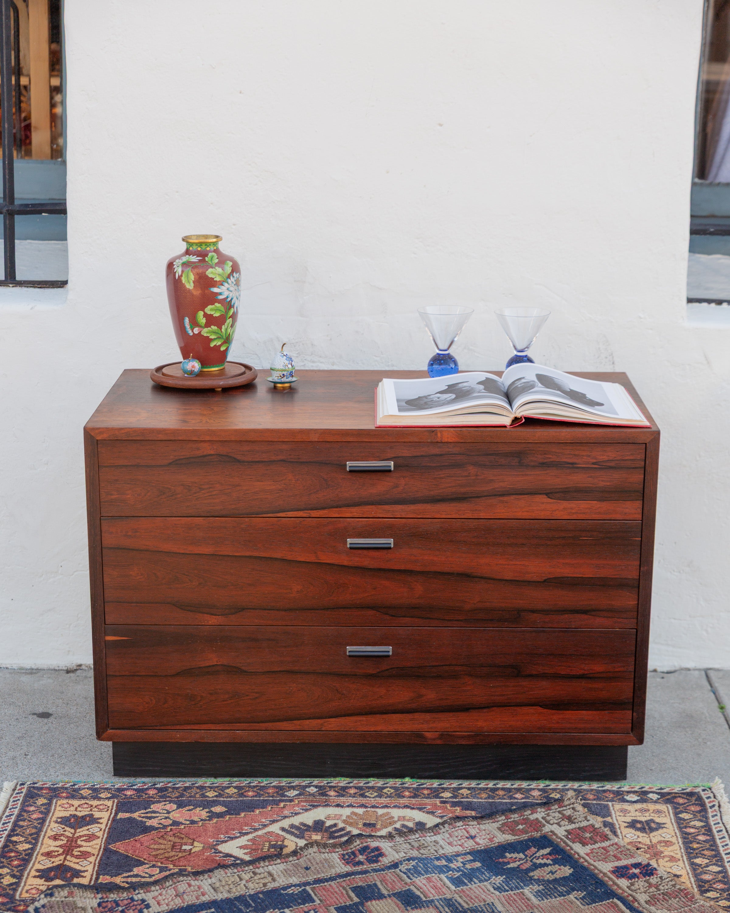 Rosewood 3 Drawer Chest Black Pulls Designed by Harvey Probler