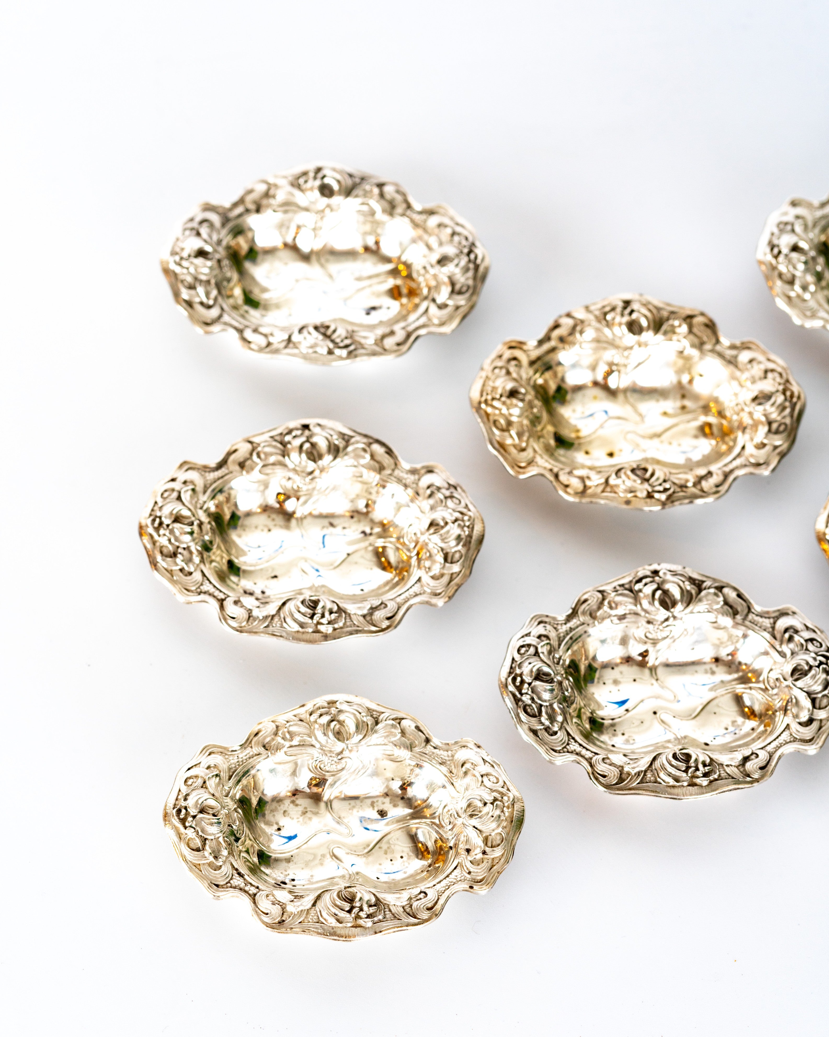 Set of Eight Sterling Silver Art Nouveau Salt Cellars Circa 1890-1910