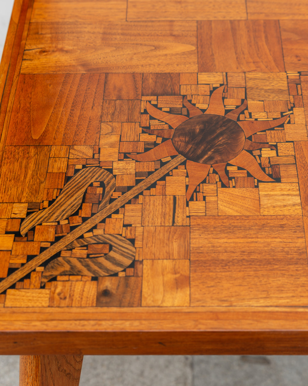 1970s Handmade Inlaid / Mosaic Wood with Sunflowers Dining/ Game Table  (Signed