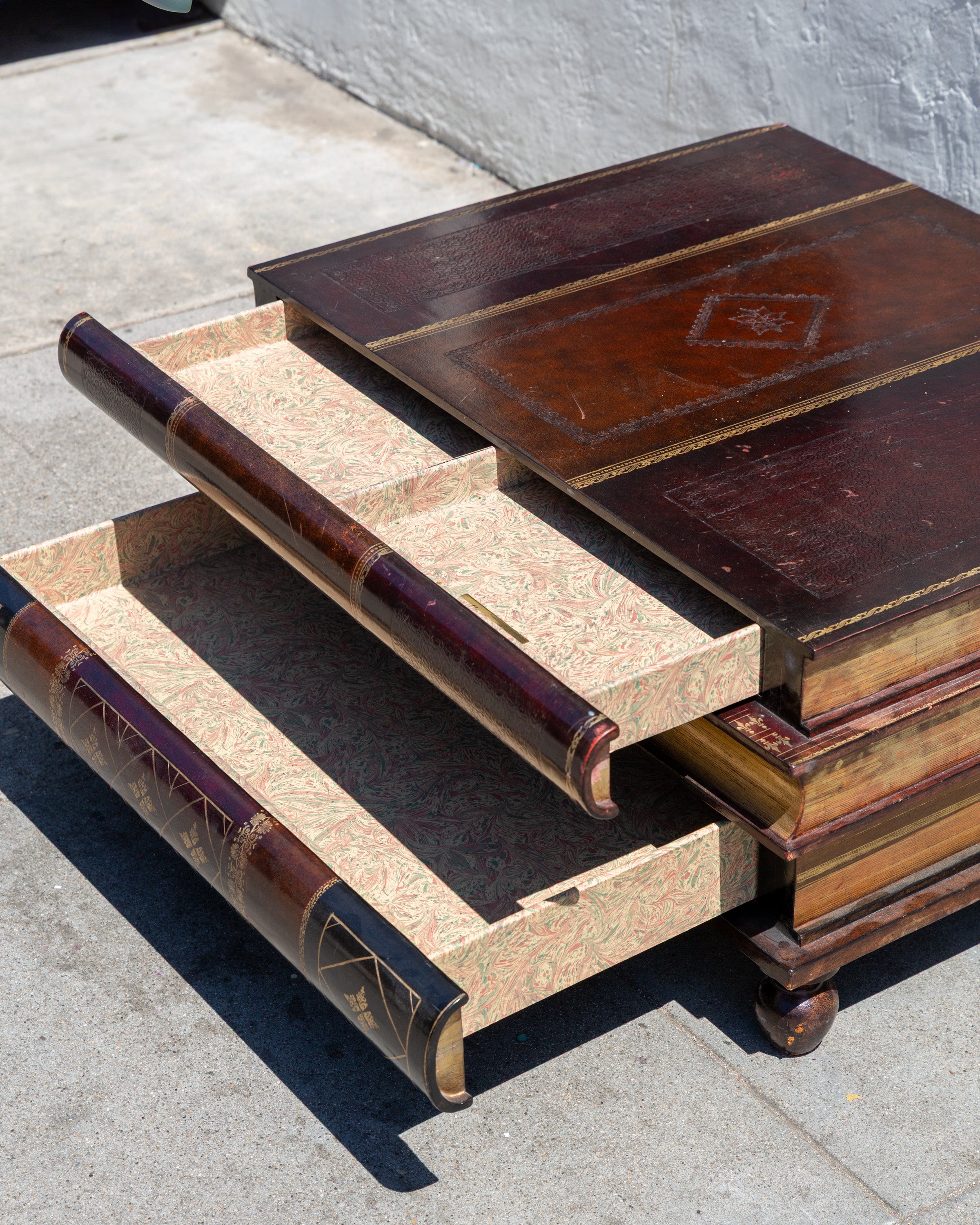 Coffee Table Maitland Smith Embossed Leather Stacking Books (2 Drawer on One Sid