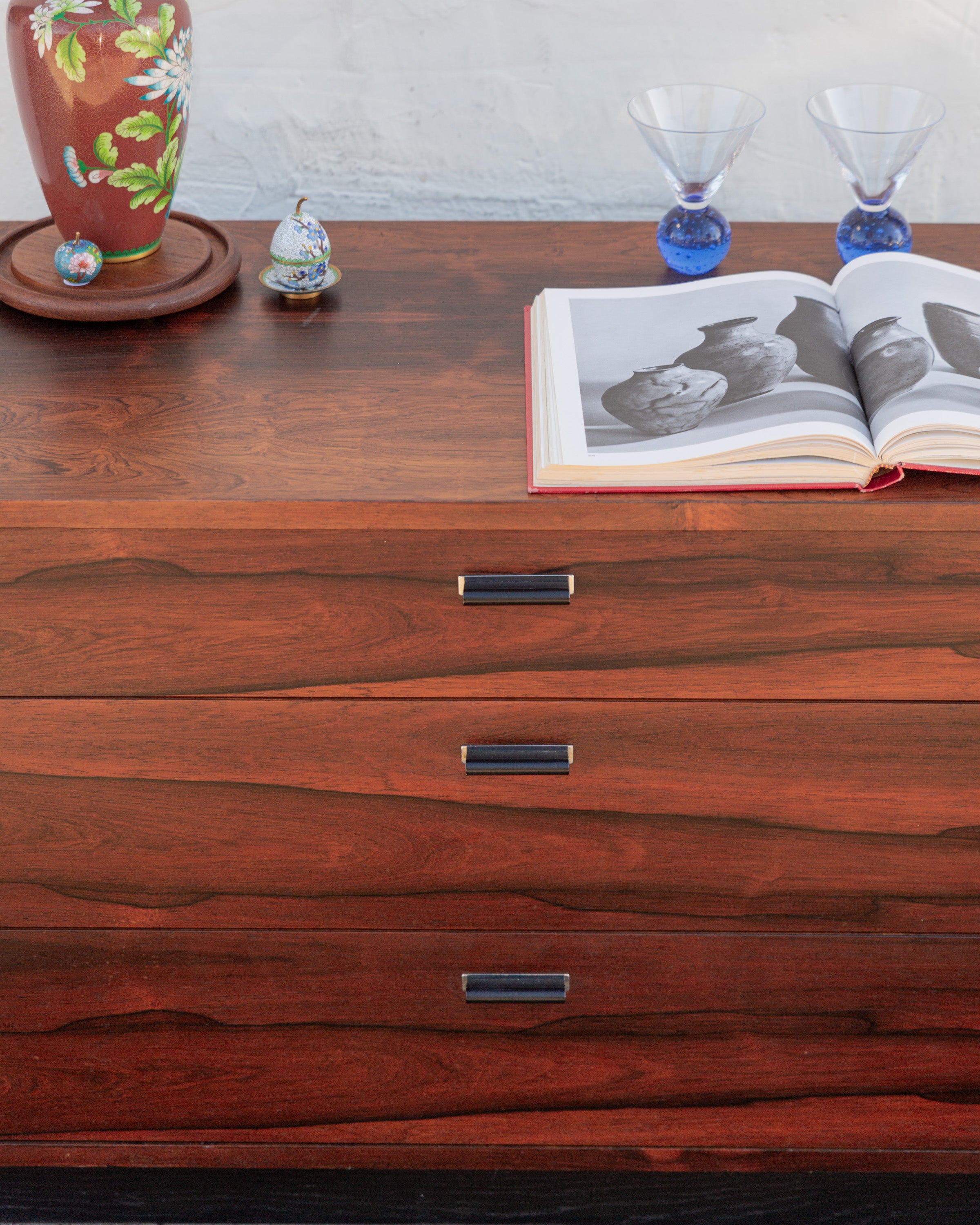 Rosewood 3 Drawer Chest Black Pulls Designed by Harvey Probler
