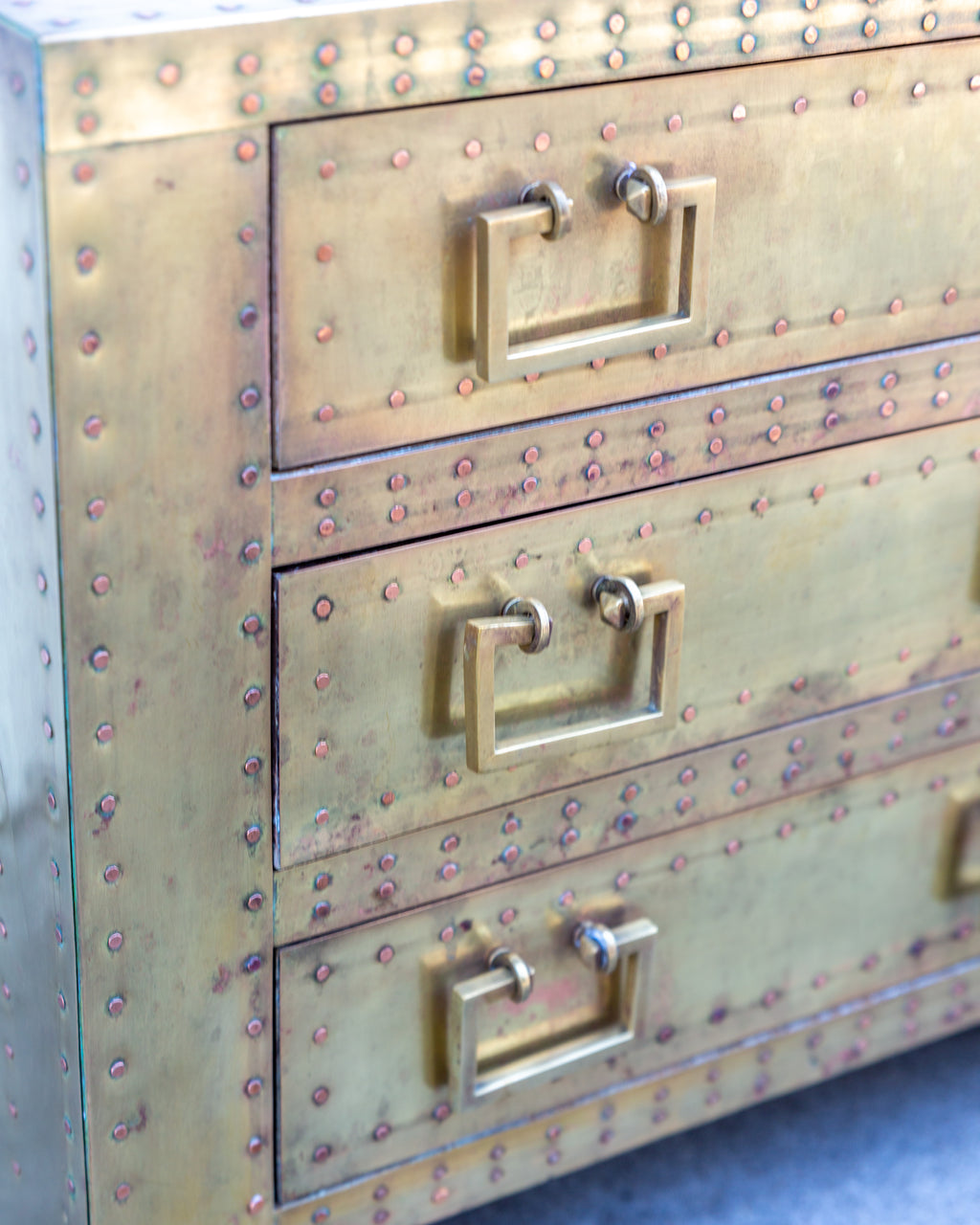 1970's Sarreid Ltd. Brass Clad 3 Drawer Chest with Natural Patina