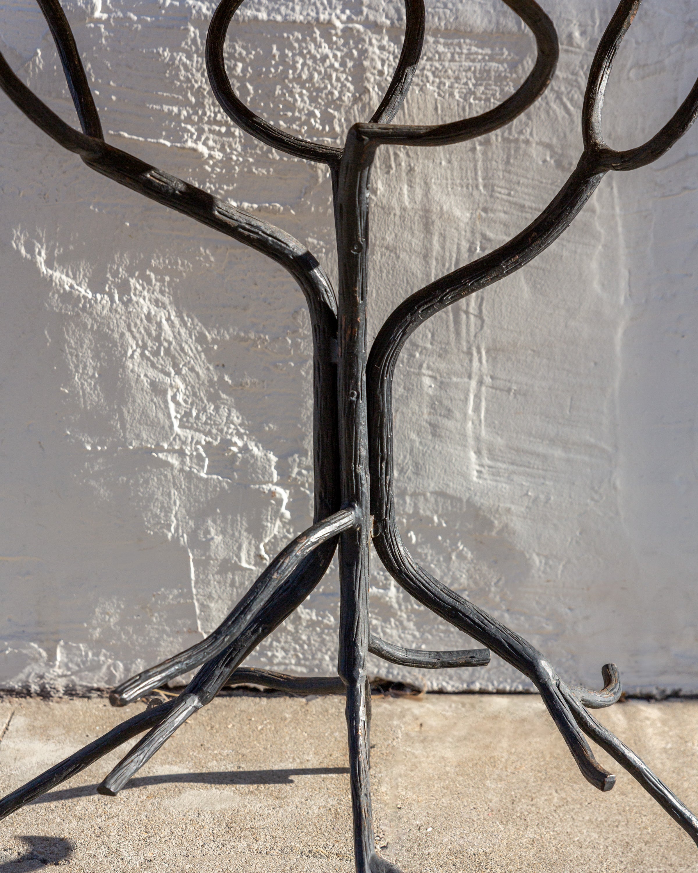 Vintage Hand Forged Iron Sculptural Table Base with Travertine Marble Top