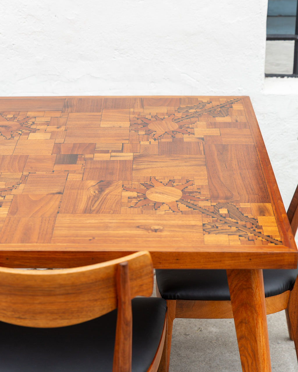 1970s Handmade Inlaid / Mosaic Wood with Sunflowers Dining/ Game Table  (Signed