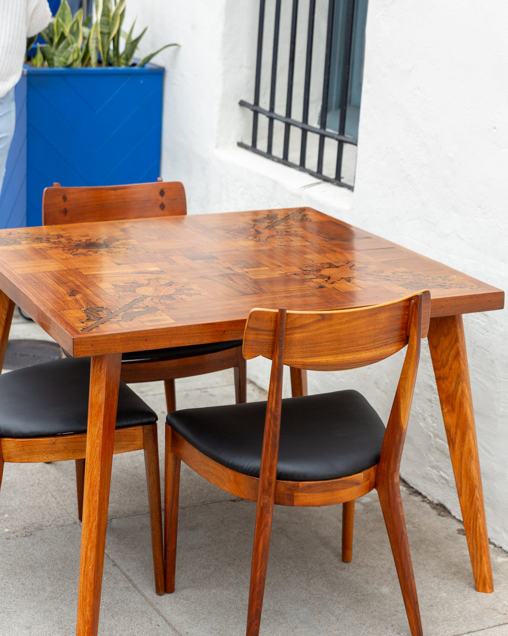 1970s Handmade Inlaid / Mosaic Wood with Sunflowers Dining/ Game Table  (Signed