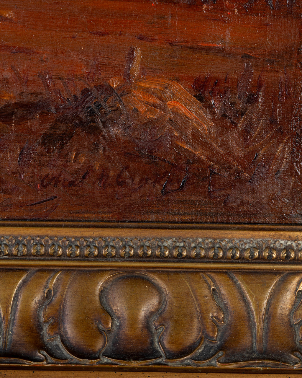 Antique Framed Oil On Canvas: "Country Farm Scene"