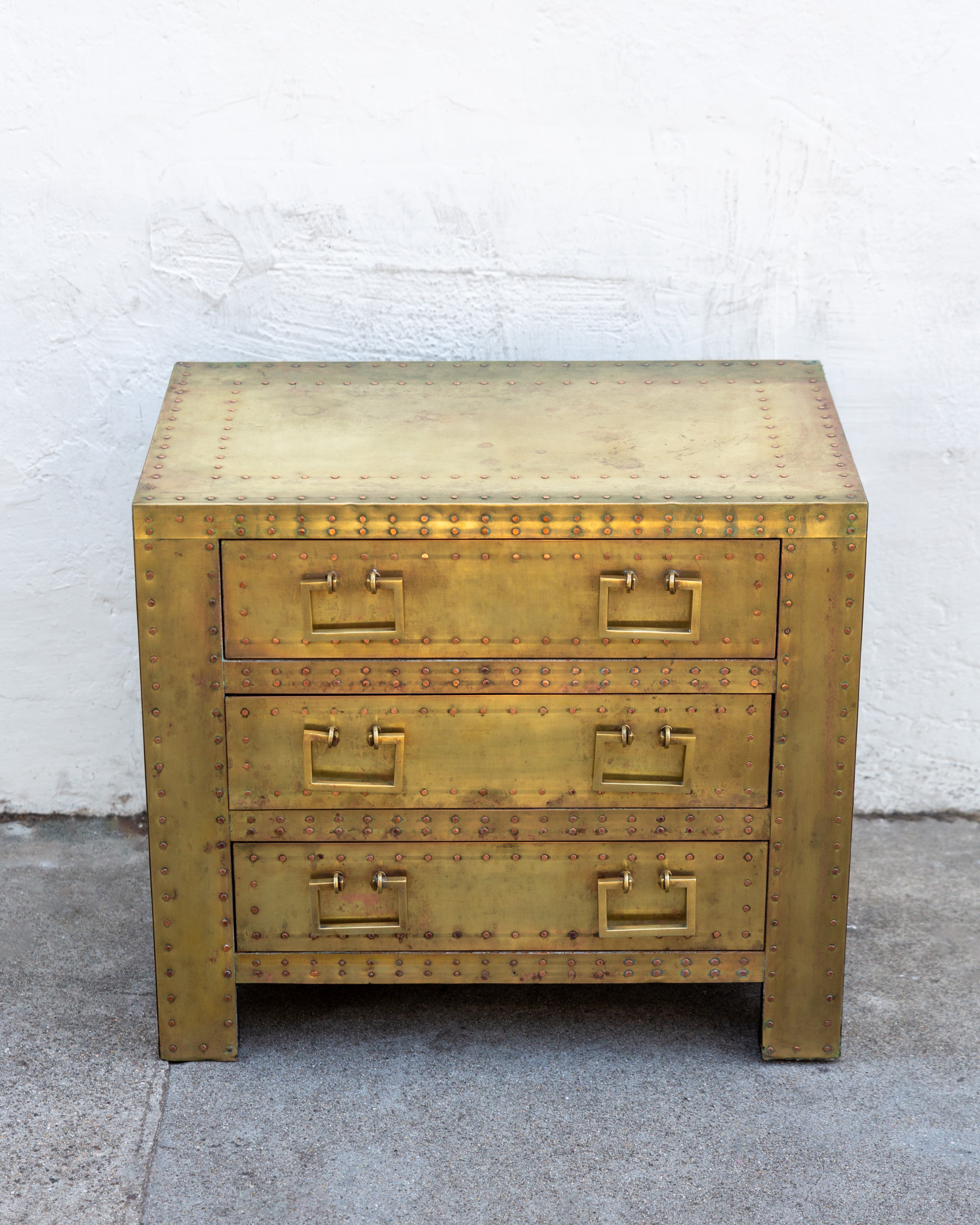 1970's Sarreid Ltd. Brass Clad 3 Drawer Chest with Natural Patina