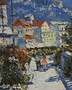 Detail of red-roofed villas, palms and a flowering promenade in thick blue and white impasto