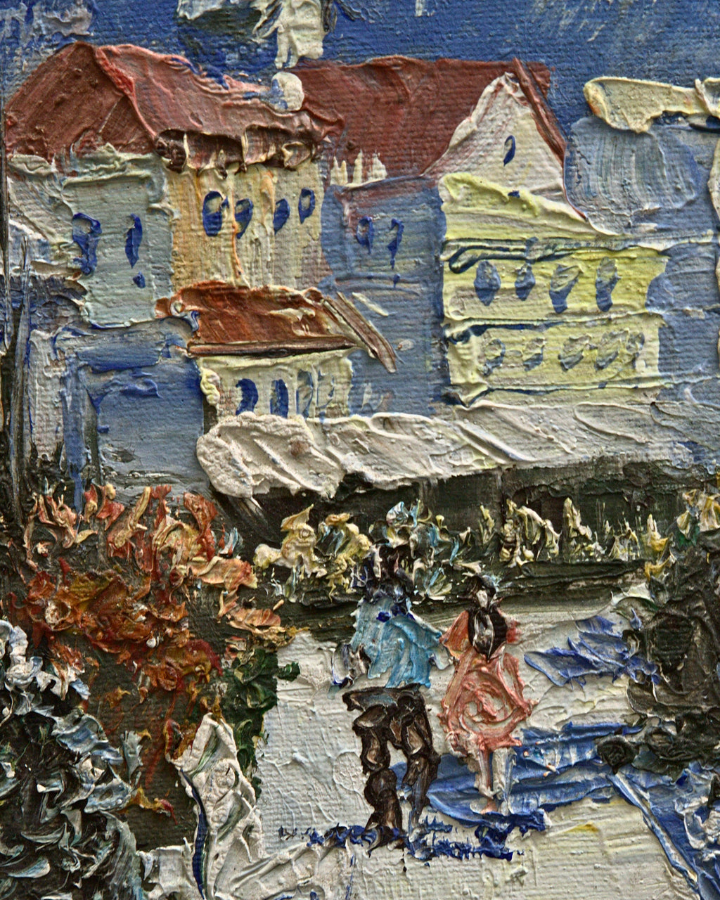 Close-up of two small figures on the promenade with raised palette-knife texture in the trees and villas