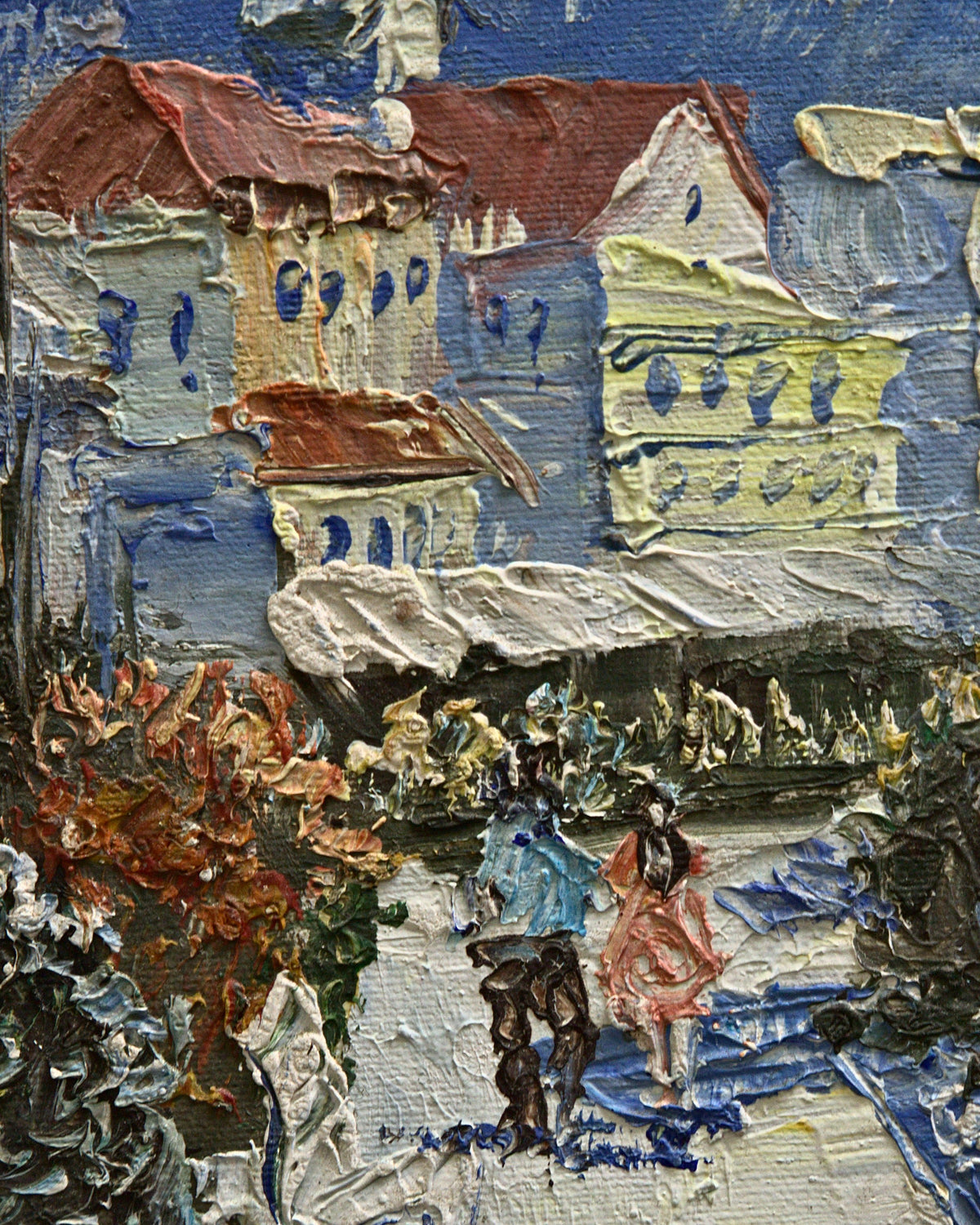 Close-up of two small figures on the promenade with raised palette-knife texture in the trees and villas