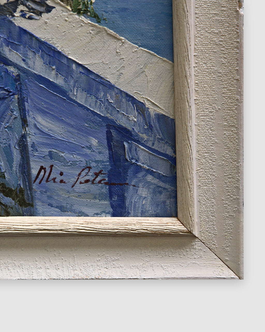 Signature in the lower right corner beside the blue balustrade and white frame corner on a light gray background