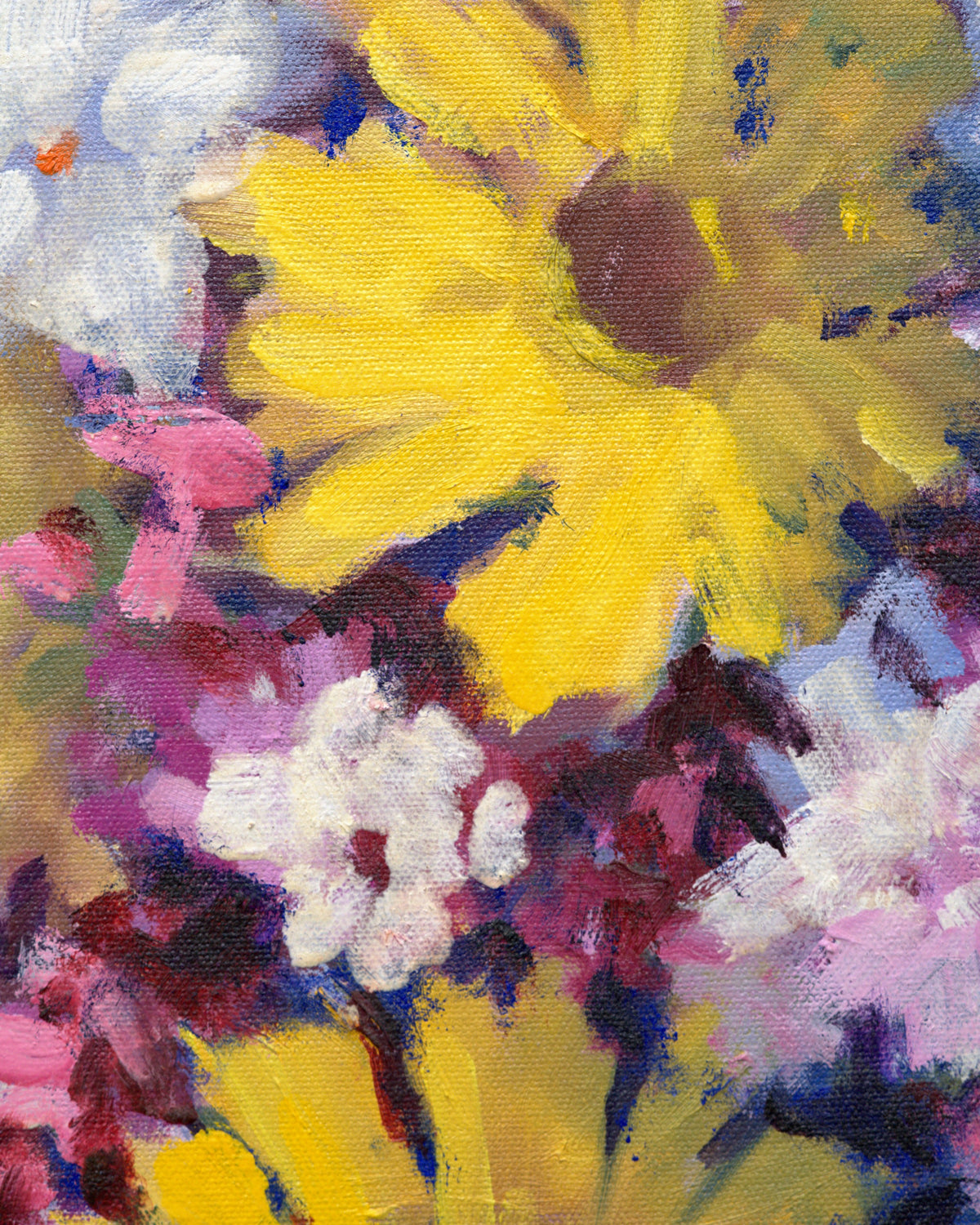 Detail of a yellow sunflower with a brown center among white and magenta blossoms in the floral still life painting.