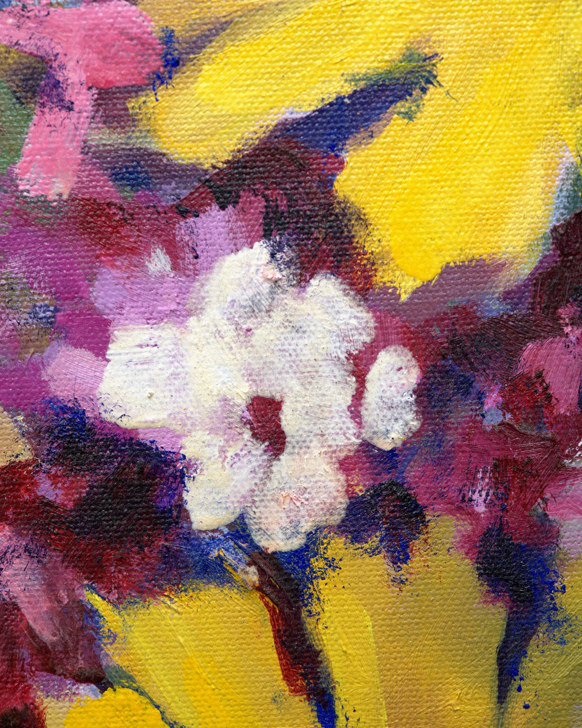 Close detail of white blossoms against magenta and deep purple brushwork, with the canvas weave visible.