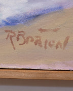 Detail of the artist signature in brown paint at lower right of the floral still life, above the wood frame edge.