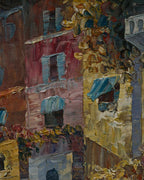 Close-up of thick palette-knife texture in the pink and yellow house facades and flowering balconies