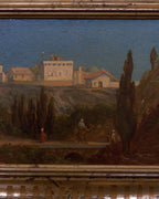 Close detail (villa) of the small Italian landscape of a hilltop villa and cypresses in a carved gilt and silver frame.