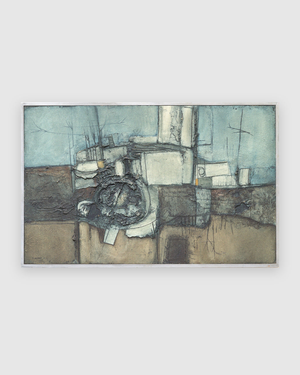 Straight-on view of a Ray Jacobsen 1966 plaster relief abstract in slate blue, cream and olive in a silver strip frame, on a light gray background.