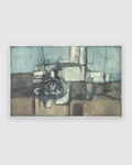 Straight-on view of a Ray Jacobsen 1966 plaster relief abstract in slate blue, cream and olive in a silver strip frame, on a light gray background.