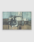 Straight-on view of a Ray Jacobsen 1966 plaster relief abstract in slate blue, cream and olive in a silver strip frame, on a light gray background.