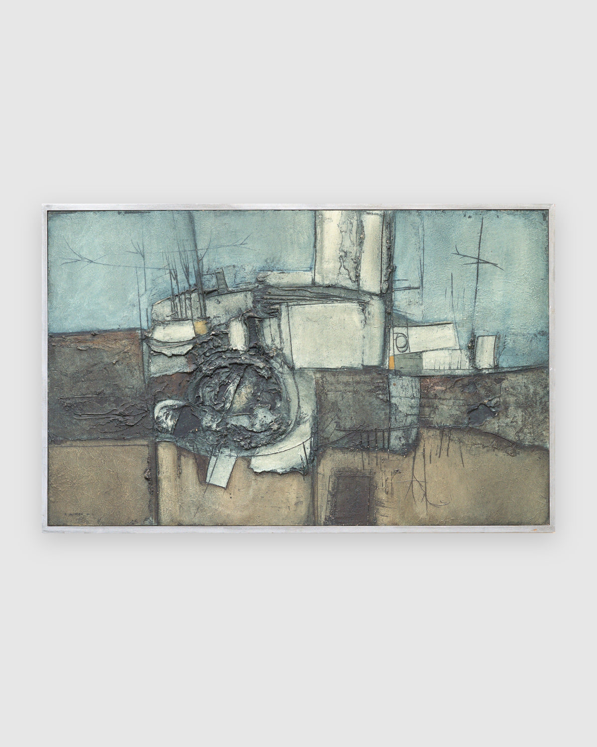 Straight-on view of a Ray Jacobsen 1966 plaster relief abstract in slate blue, cream and olive in a silver strip frame, on a light gray background.