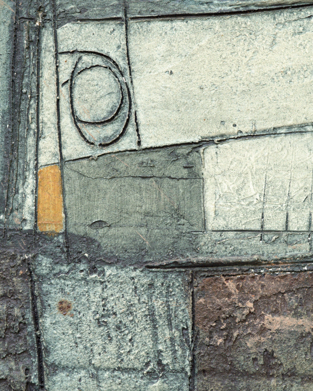 Close detail (blocks) of the Ray Jacobsen 1966 plaster relief abstract in slate blue, cream and olive in a silver strip frame.