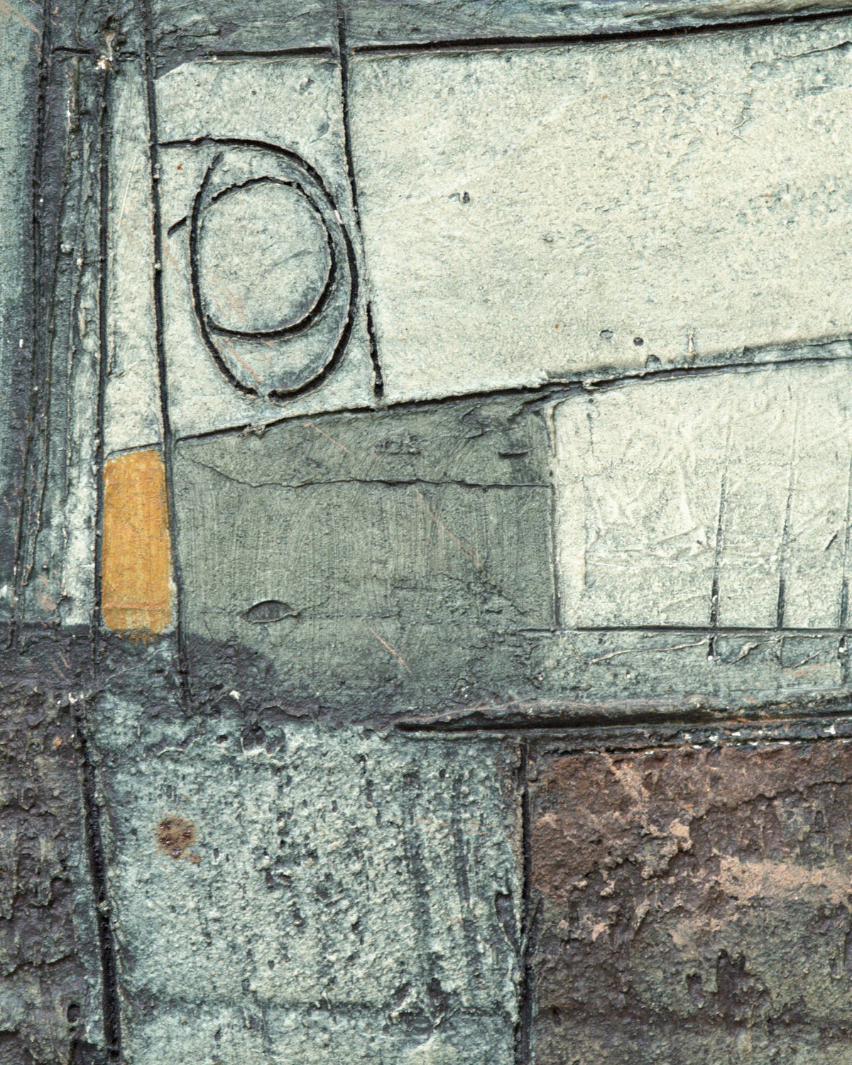 Close detail (blocks) of the Ray Jacobsen 1966 plaster relief abstract in slate blue, cream and olive in a silver strip frame.