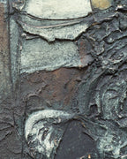 Close detail (swirl) of the Ray Jacobsen 1966 plaster relief abstract in slate blue, cream and olive in a silver strip frame.