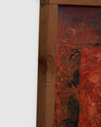 Side view of the frame edge on the mid century geometric abstract painting in red, mustard and teal impasto in a narrow wood frame.