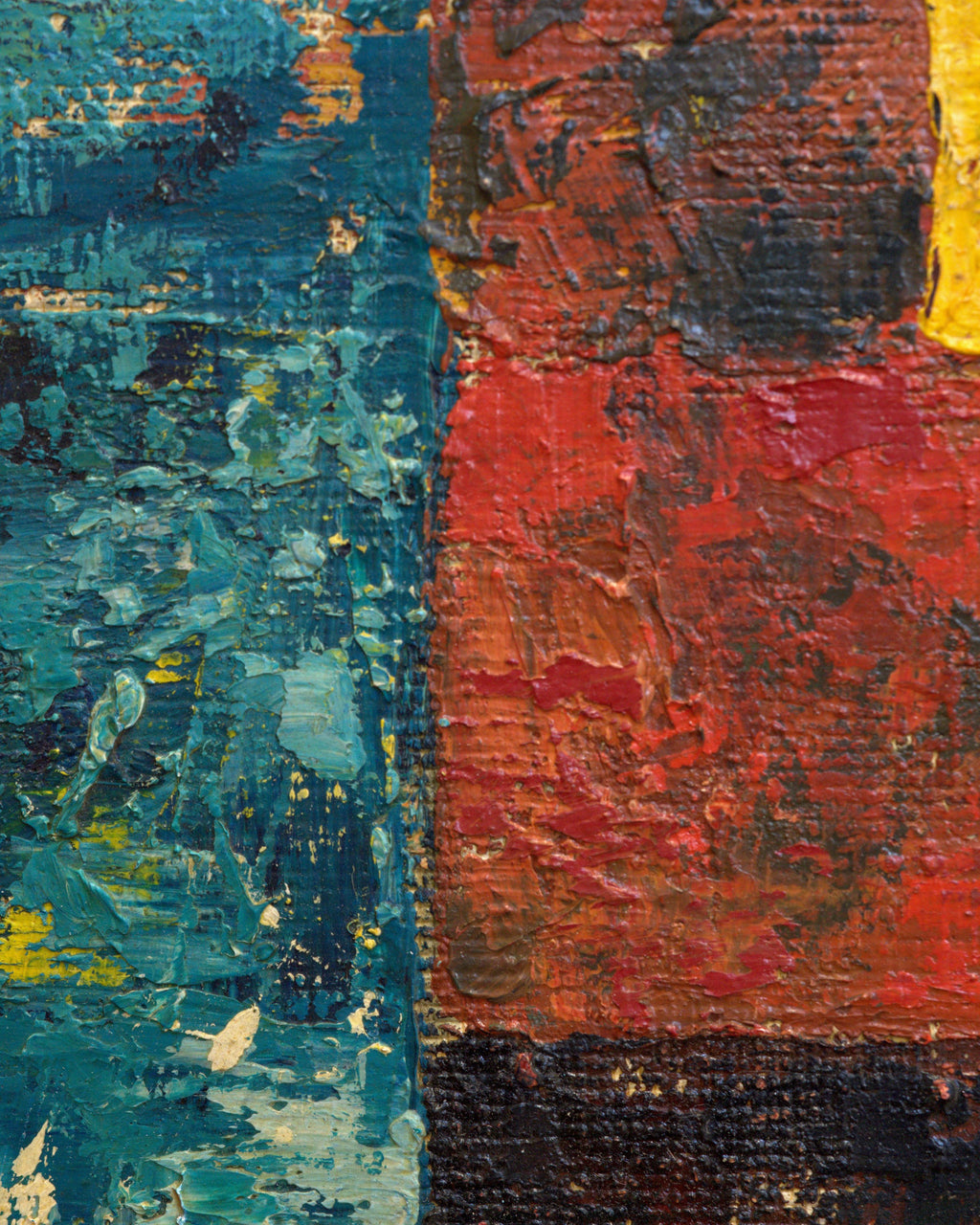 Close detail (impasto) of the mid century geometric abstract painting in red, mustard and teal impasto in a narrow wood frame.
