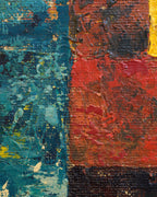 Close detail (impasto) of the mid century geometric abstract painting in red, mustard and teal impasto in a narrow wood frame.