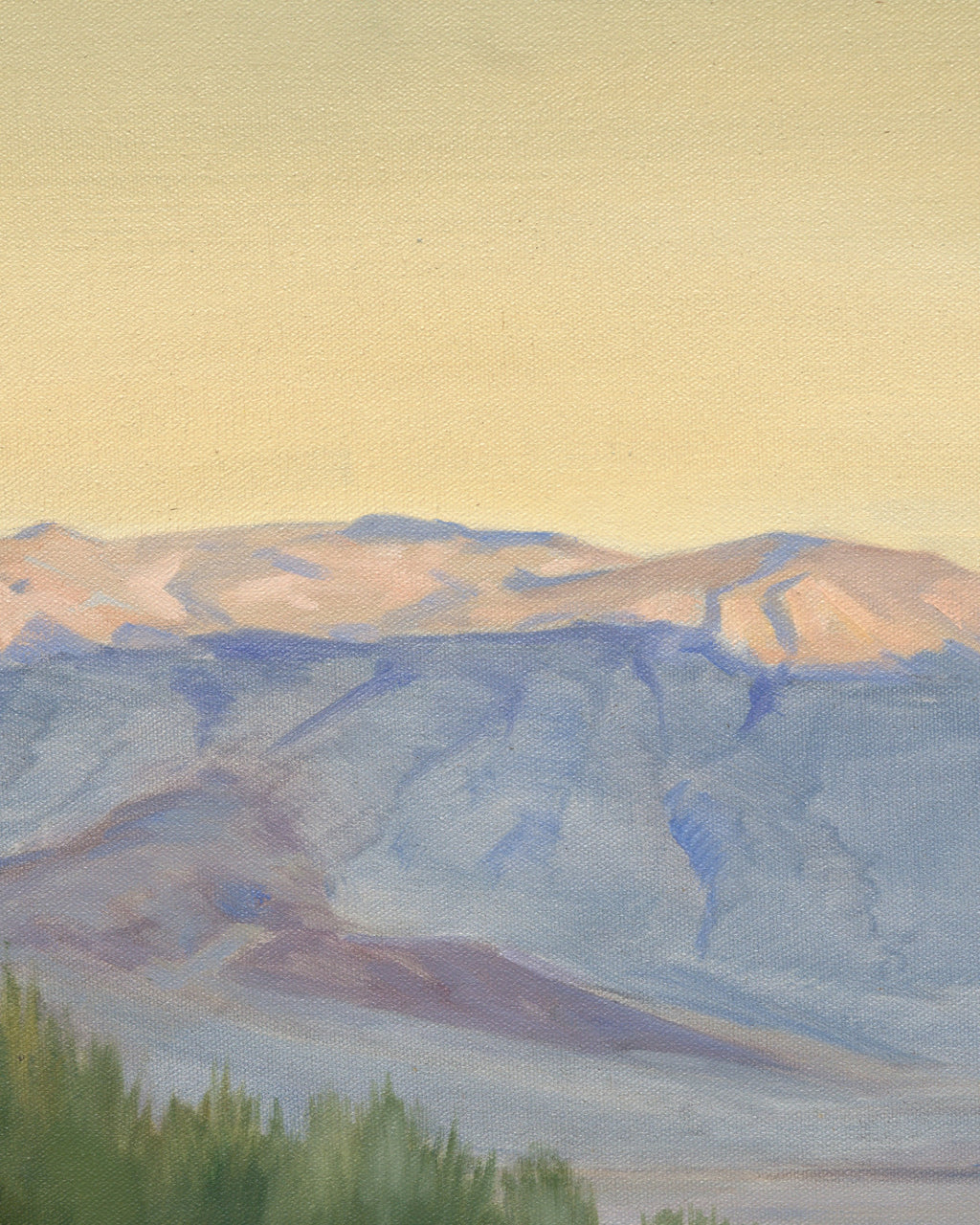 Close detail (mountains) of the Joseph Knowles California desert landscape with lavender mountains and rabbitbrush in a gray frame with linen liner.