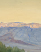Close detail (mountains) of the Joseph Knowles California desert landscape with lavender mountains and rabbitbrush in a gray frame with linen liner.