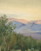 Close detail (trees) of the Joseph Knowles California desert landscape with lavender mountains and rabbitbrush in a gray frame with linen liner.