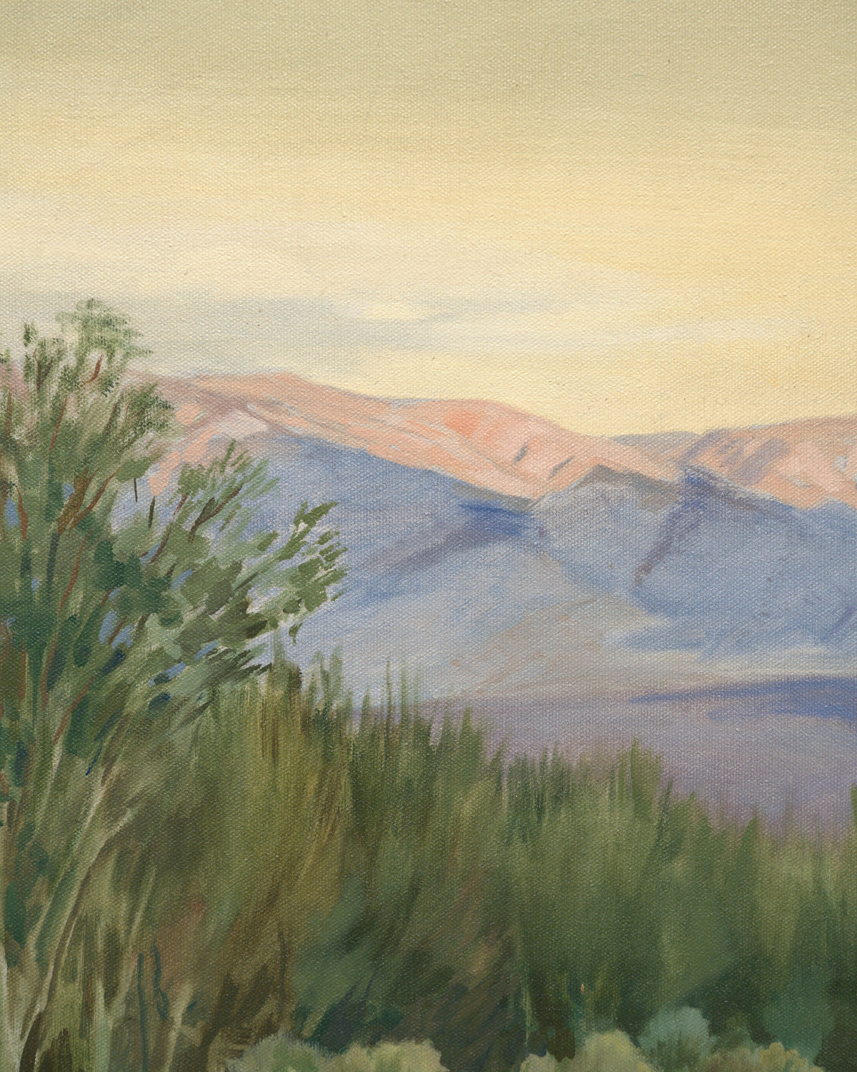 Close detail (trees) of the Joseph Knowles California desert landscape with lavender mountains and rabbitbrush in a gray frame with linen liner.