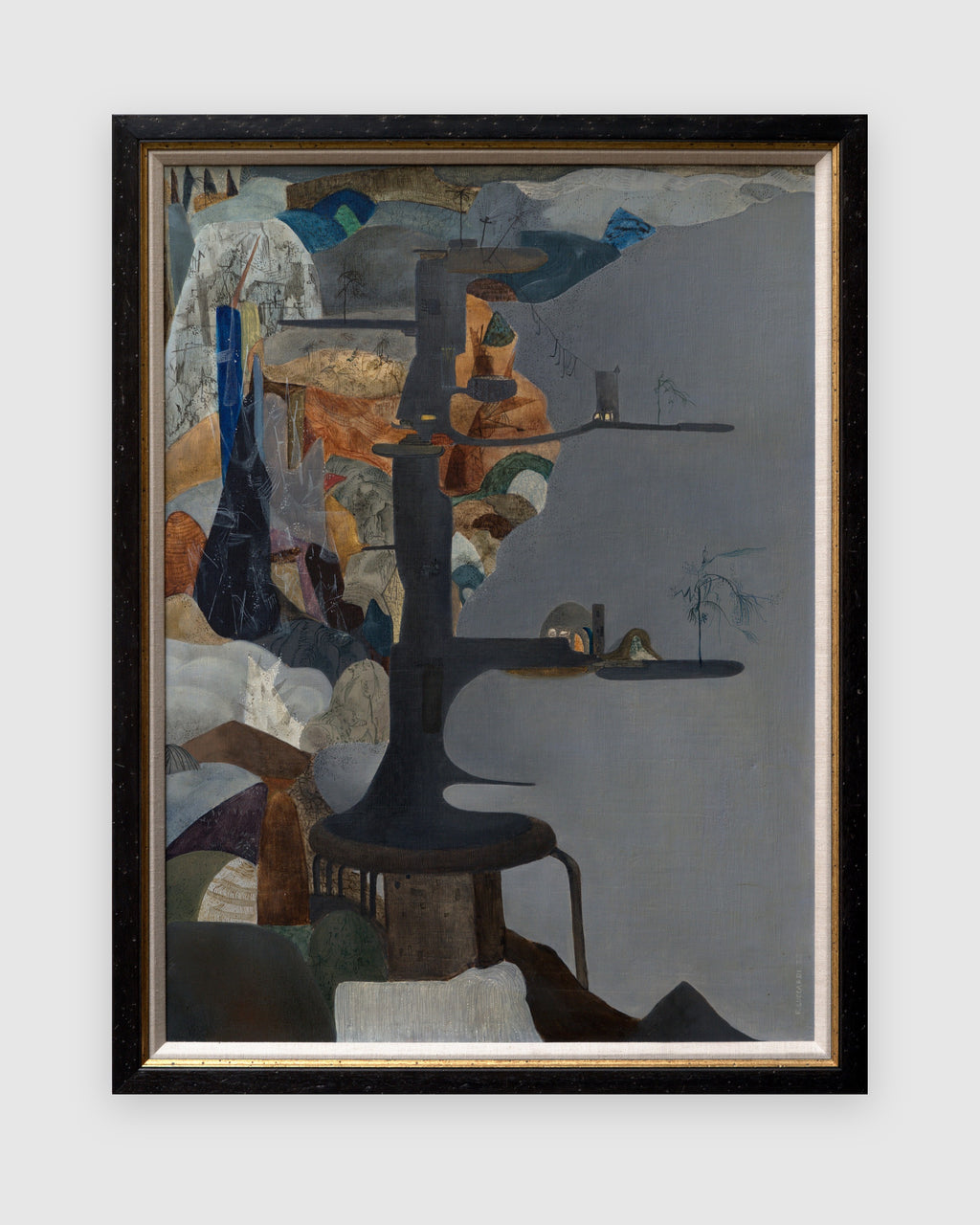 Straight-on view of an F. Luccardi 1950s surrealist painting with a dark central stand and collage-like shapes on gray, in a black and gilt frame, on a light gray background.
