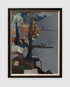 Straight-on view of an F. Luccardi 1950s surrealist painting with a dark central stand and collage-like shapes on gray, in a black and gilt frame, on a light gray background.