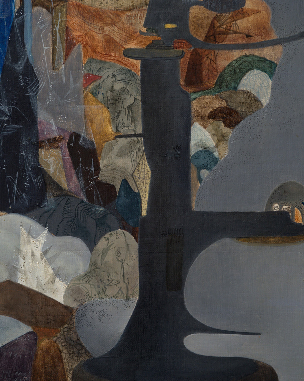 Close detail (center) of the F. Luccardi 1950s surrealist painting with a dark central stand and collage-like shapes on gray, in a black and gilt frame.