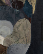 Close detail (left) of the F. Luccardi 1950s surrealist painting with a dark central stand and collage-like shapes on gray, in a black and gilt frame.